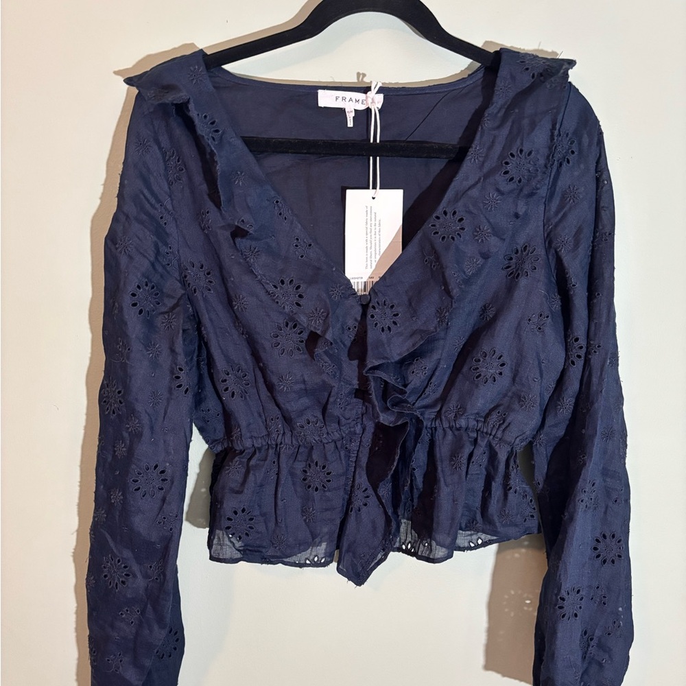 FRAME Navy Blue Eyelet Cropped Blouse